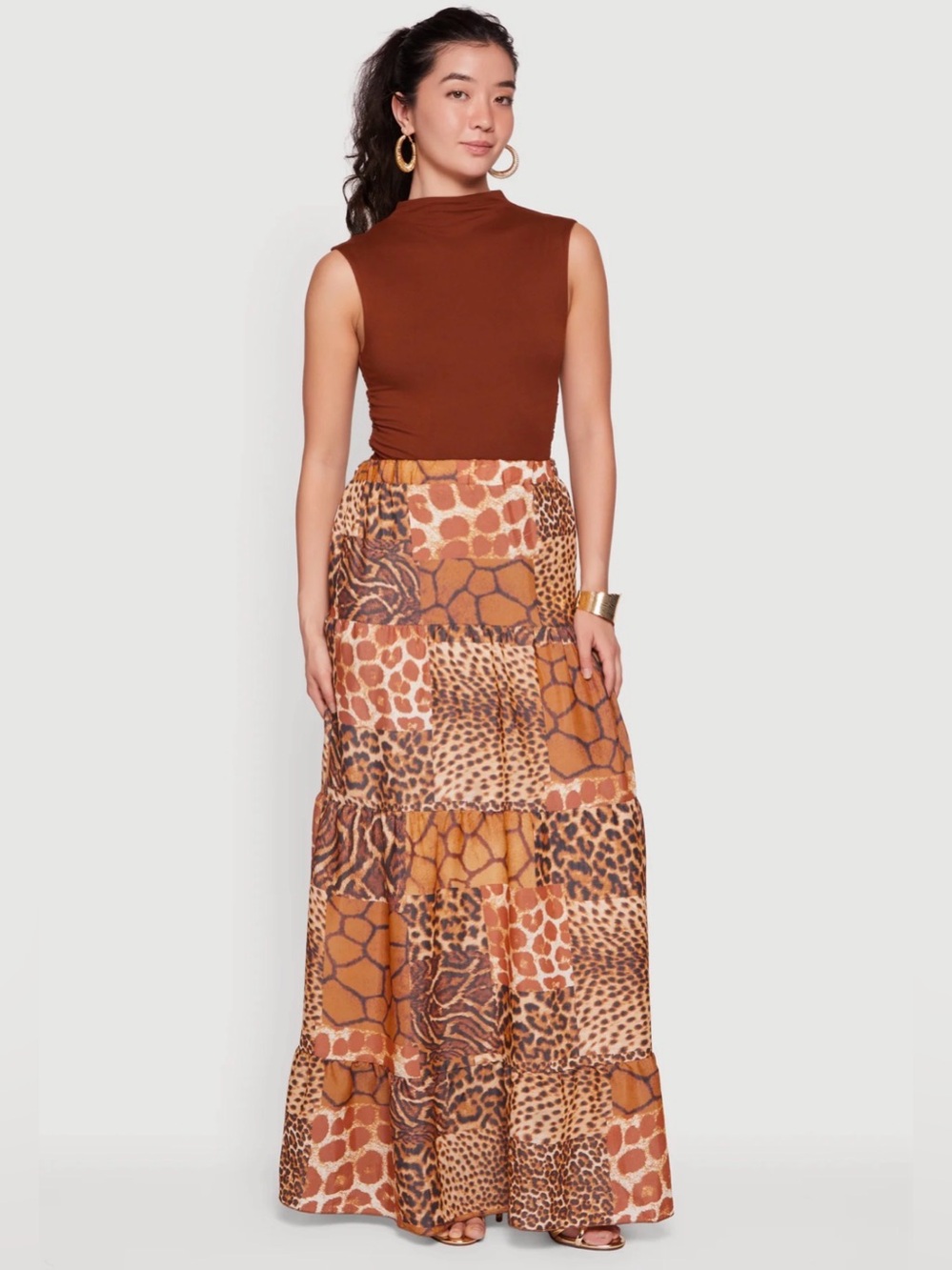 Rainbow Brown & Tan Mixed Animal Tiered Maxi Skirt